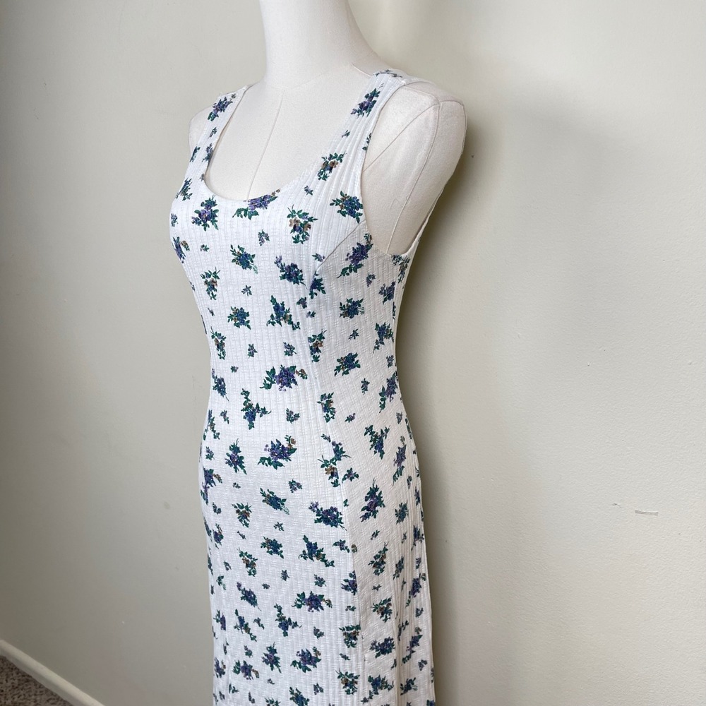 Vintage Ditsy Floral Ribbed Maxi Dress Women 10/12 White Purple 90s Grunge - Picture 5 of 9